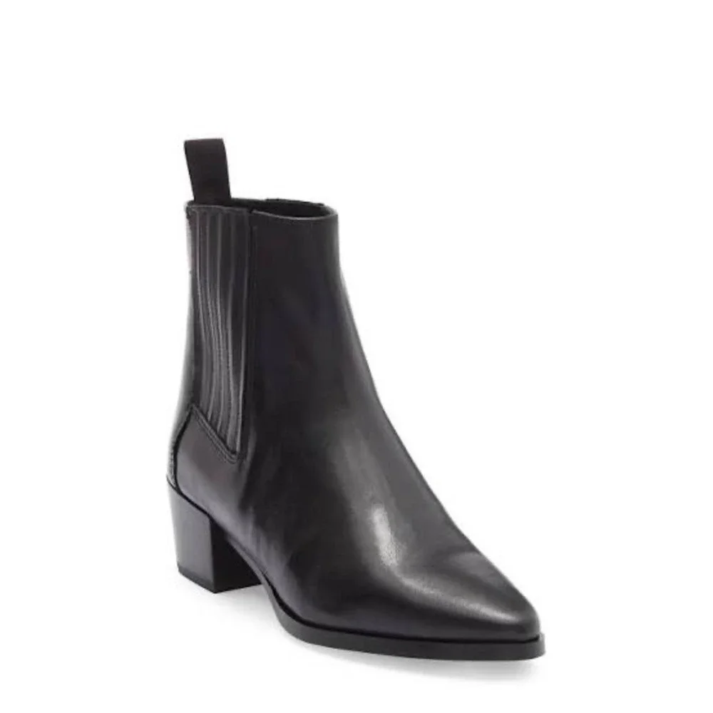 Rag & Bone Black Leather Pointed Toe Block Heel Ankle Boots Size 36.5